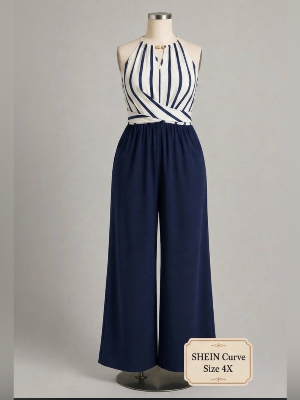 SHEIN Navy and White Striped Crossover Jumpsuit
